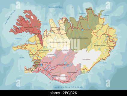 Islanda - Mappa politica modificabile molto dettagliata con etichettatura. Illustrazione Vettoriale