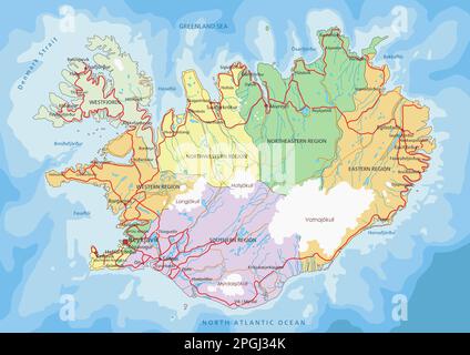 Islanda - Mappa politica modificabile molto dettagliata con etichettatura. Illustrazione Vettoriale