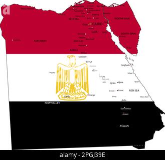 Egitto mappa politica molto dettagliata con bandiera nazionale isolata su sfondo bianco. Illustrazione Vettoriale