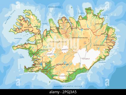 Mappa fisica islandese molto dettagliata con etichettatura. Illustrazione Vettoriale