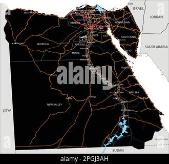 Mappa stradale dettagliata dell'Egitto con etichettatura. Illustrazione Vettoriale