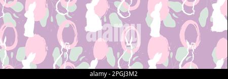 Poster di Pasqua con conigli e uova. Elegante design dello sfondo delle vacanze. Coniglietto e uovo dipinti. Modello minimal in colori pastello. Illustrazione Vettoriale