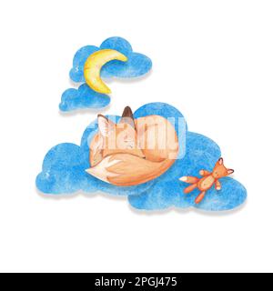 Una piccola volpe dorme su una nuvola. Acquerello illustrazione di un animale selvatico. Decorazione della stanza dei bambini. Adatto per carta da parati, biglietti d'auguri, i Foto Stock