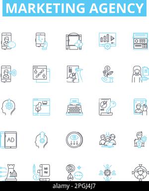 Set di icone di linee vettoriali per agenzie di marketing. Agenzia, Marketing, Pubblicità, digitale, sociale, Media, illustrazione PR delineano simboli e segni concettuali Illustrazione Vettoriale
