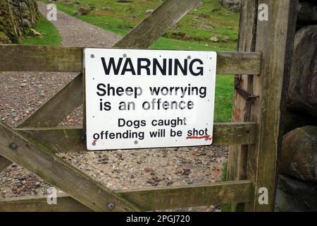 Segnale di avvertimento su Wooden Gate (Dogs Will Be Shot) per Farmers Field a Mickleden Valley, Lake District National Park, Cumbria, Inghilterra, Regno Unito. Foto Stock