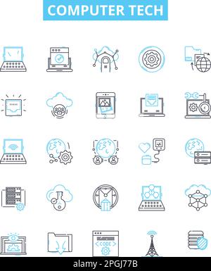 Set di icone di linee vettoriali per computer TECH. Computer, tecnico, rete, programmazione, Software, Hardware, illustrazione della sicurezza informatica delineano i simboli del concetto Illustrazione Vettoriale