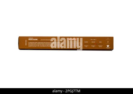 Informazioni sulla scatola di caffè Starbucks House Blend lungo capsule di Nespresso isolato su sfondo bianco - vedere le informazioni aggiuntive Foto Stock