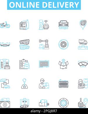 Icone linea vettore di consegna online impostate. Consegna, Online, eDelivery, Acquista, Acquista, Spedizione, Logistica illustrazione delineare i simboli e i segni del concetto Illustrazione Vettoriale