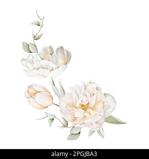 Acquerello bouquet floreale di fiori bianchi e delicati e foglie verdi. Illustrazioni, isolate su sfondo bianco per corone, inviti di nozze, un Foto Stock
