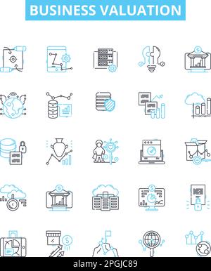 Set di icone di linee vettoriali per la valutazione aziendale. Valutazione, attività, analisi, asset, prezzo, Mercato, illustrazione di equità delineano i simboli e i segni di concetto Illustrazione Vettoriale