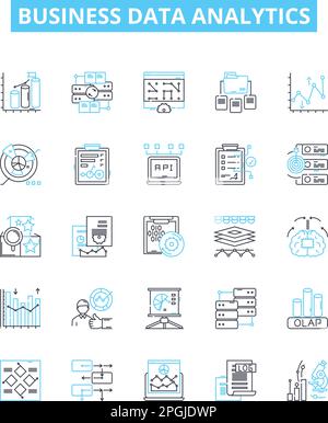 Set di icone di linee vettoriali per l'analisi dei dati aziendali. Business, dati, analisi, strategia, intelligence, Approfondimenti, grandi illustrazioni delineano i simboli del concetto Illustrazione Vettoriale