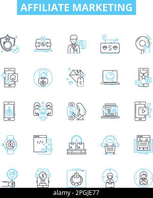 Icone di linea vettoriale di vendita della filiale impostate. Affiliazione, Marketing, rete, Online, Commissione, Programma, simboli di concetto di illustrazione digitale Illustrazione Vettoriale