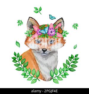 Carino cucciolo volpe, acquerello illustrazione per inviti, poster, motivo, abbigliamento per bambini, cartolina. Cartone animato che disegna uno sfondo bianco. Foto Stock