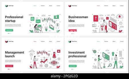 Gli investimenti in startup professionale, il lancio di progetti finanziari e le idee di strategia set vettore illustrazione. Cartoon persone piccole lavorare con le statistiche del mercato del candelabro tabelle di rapporto, il commercio Illustrazione Vettoriale