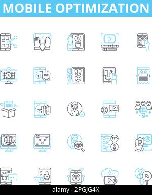 Set di icone di linee vettoriali per l'ottimizzazione mobile. Mobile, ottimizzazione, reattività, design, pagina web, app, illustrazione dell'utente, simboli dei concetti di contorno e. Illustrazione Vettoriale