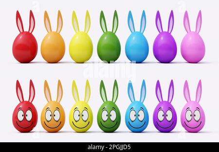 Colorate uova di Pasqua su sfondo bianco, felice biglietto di auguri di Pasqua 3D render Foto Stock