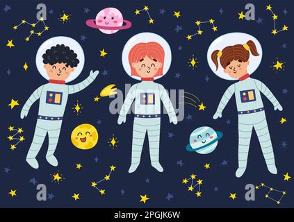 Spazio bambini in tute e caschi. Collezione di astronauti e pianeti per bambini carini Illustrazione Vettoriale