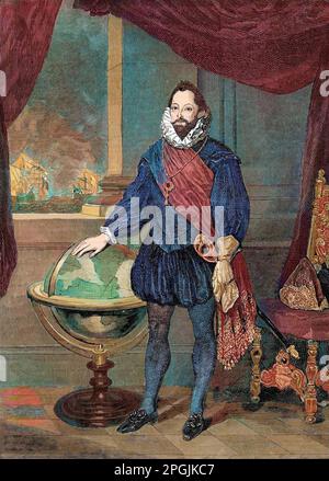 Sir Francis Drake, navigatore del 16th° secolo, marinaio e pirata - Ritratto di Sir Francis Drake (1540-1596), corsaire et navigateur anglais. Gravure du 19eme siecle Foto Stock