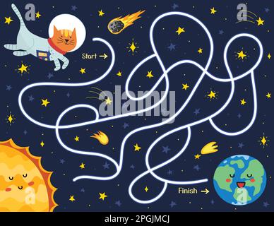 Aiutare un astronauta carino gatto trovare un modo per la Terra. Puzzle labirinto spazio per i bambini Illustrazione Vettoriale