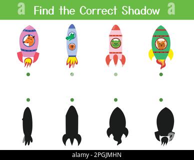 Trova il gioco di corrispondenza ombra corretto con gli animali carini in razzi. Pagina attività spazio Illustrazione Vettoriale