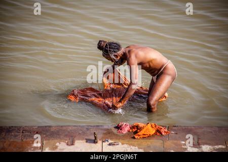 VARANASI, INDIA - 29 OTTOBRE 2013: Hindu Aghori fare un bagno santo nel fiume ganges a Varanasi, Utttar Pradesh, India Foto Stock