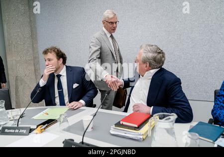 L'AIA - Sottosegretario di Stato Marnix van rij (Finanze), Romke de Jong (D66) e Folkert Idsuna (VVD) durante un dibattito in commissione sull'amministrazione fiscale e doganale presso la Camera dei rappresentanti. ANP BART MAAT netherlands OUT - belgio OUT Foto Stock