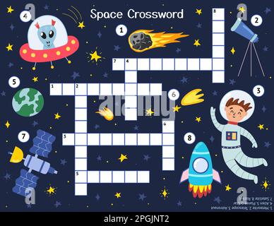 Crossword per bambini con simpatici personaggi spaziali. Puzzle di ricerca per parole Illustrazione Vettoriale