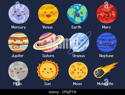 Pianeta carino in stile cartone animato. Poster Solar System per bambini Illustrazione Vettoriale