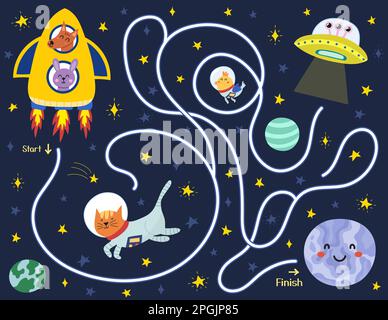 Aiuta gli animali carini in un razzo trovare un modo per il pianeta Mercury. Puzzle labirinto spazio per i bambini Illustrazione Vettoriale