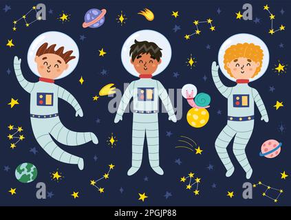 Spazio bambini in tute e caschi. Collezione di astronauti e pianeti per bambini carini Illustrazione Vettoriale