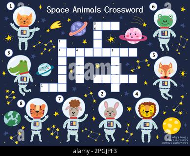 Spazio animali puzzle cruciverba con personaggi carini. Pagina delle attività spaziali per i bambini Illustrazione Vettoriale