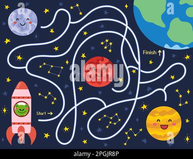 Guida cute rana in un razzo trovare un modo per il pianeta Terra. Puzzle labirinto spazio per i bambini Illustrazione Vettoriale