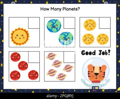 Quanti pianeti vedete. Contare e scrivere il numero educativo gioco labirinto per i bambini Illustrazione Vettoriale