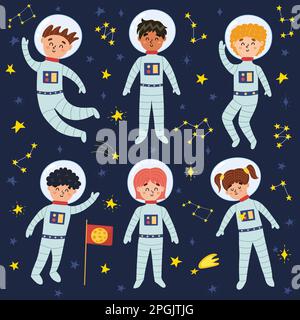 Spazio bambini in tute e caschi collezione. Set di astronauti bambini carini Illustrazione Vettoriale