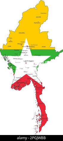 Myanmar Mappa politica molto dettagliata con bandiera nazionale isolata su sfondo bianco. Illustrazione Vettoriale