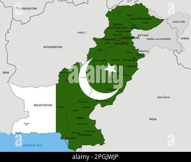 Pakistan Mappa politica molto dettagliata con bandiera nazionale isolata su sfondo bianco. Illustrazione Vettoriale