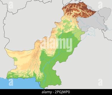 Mappa fisica del Pakistan molto dettagliata. Illustrazione Vettoriale