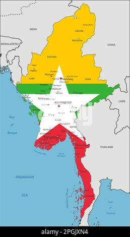 Myanmar Mappa politica molto dettagliata con bandiera nazionale isolata su sfondo bianco. Illustrazione Vettoriale