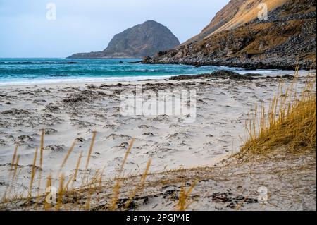 Spiaggia Haukland, colline rocciose nel turchese Atlantico, isole Lofoten, inverno, Norvegia. Foto Stock