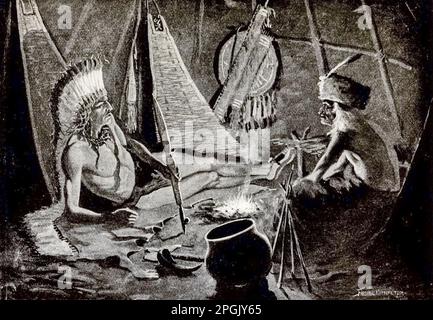 Siediti qui vicino alle braci morenti, passiamo la notte insieme dal libro ' la canzone di Hiawatha ' di Henry Wadsworth Longfellow, 1807-1882 CON ILLUSTRAZIONI DA DISEGNI DI FREDERIC REMINGTON. Frederic Sackrider Remington (4 ottobre 1861 – 26 dicembre 1909) è stato un I suoi lavori sono noti per la rappresentazione degli Stati Uniti occidentali nell'ultimo quarto del 19th ° secolo e con immagini come cowboy, indiani americani, e la cavalleria americana Foto Stock