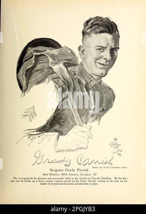 Sergente Grady Parrish 42nd Divisione, 167th Fanteria, Azienda 'G' riorganizzò il suo plotone e lo condusse personalmente nell'attacco contro Cote de Chatillon. Con i suoi audaci atti egli ha rotto un pesante contrattacco nemico sul suo fronte, ponendo così ai suoi uomini un esempio di eccezionale eroismo e devozione al dovere dal libro 'fatti di eroismo e di coraggio : The book of Heroes and personal osing ' by Elwyn Alfred Barron and Rupert Hughes, Publication Date 1920 Publisher New York : Harper & Brothers Publishers Foto Stock