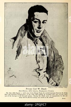Privato Carl W. Dasch 42nd Division, 167th Fanteria, sede centrale Società il 26th luglio-i agosto 1918, nei pressi di Croix Rouge Farm, trasportò messaggi tra le linee di tiro e la sede del battaglione, raccogliendo contemporaneamente uomini feriti e portandoli fuori dalla diga alla stazione di pronto soccorso. Durante tutta la serie di impegni non dormiva e la sua energia fisica fu tassata al massimo. Dal libro ' fatti di eroismo e coraggio : il libro di eroi e audacia personale ' di Elwyn Alfred Barron e Rupert Hughes, Pubblicazione Data 1920 Editore New York : Harper & Brothers P Foto Stock