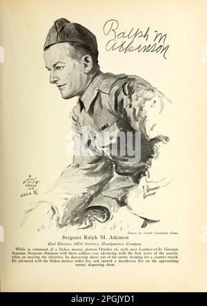 Sergente Ralph M. Atkinson 42nd Divisione 167th Fanteria, sede della società mentre al comando di un piatto di Malta Stokes i6 ottobre 1918, vicino Landres-et-St.. Georges, Argonne, Sergente Atkinson con tre soldati stava avanzando con la prima ondata dell'assalto, quando sul prossimo obiettivo, ha scoperto circa 250 del nemico che si forma per un contro-attacco. Avanzò con il mortaio di Stokes sotto il fuoco, e aprì un fuoco omicida sul nemico in avvicinamento, disperderli. Dal libro ' fatti di eroismo e coraggio : il libro degli eroi e dell'audacia personale ' di Elwyn Alfred Barron e Rup Foto Stock