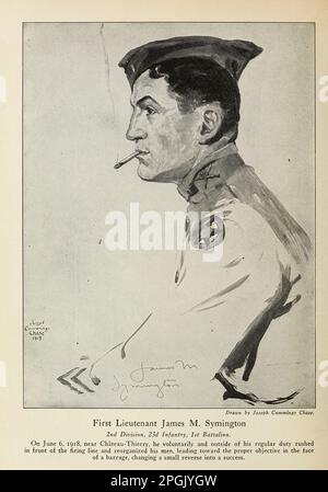 Primo tenente James M. Symington 2nd Divisione, 23d Fanteria, 1st Battaglione. Il 6 giugno 1918, vicino a Chateau-Thierry, egli volontariamente e al di fuori del suo dovere regolare precipitò davanti alla linea di tiro e riorganizzò i suoi uomini, conducendo verso il giusto obiettivo di fronte a una barraga, Cambiare un piccolo inverso in un successo dal libro ' fatti di eroismo e coraggio : il libro di eroi e audacia personale ' di Elwyn Alfred Barron e Rupert Hughes, Pubblicazione Data 1920 Editore New York : Harper & Brothers Editori Foto Stock