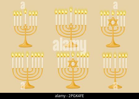 Set di oro Hanukkiah Menorah per sette e nove candele su uno sfondo beige. Menorah con candele. Perfetto per i vostri design di vacanza. Illustrazione del vettore Illustrazione Vettoriale