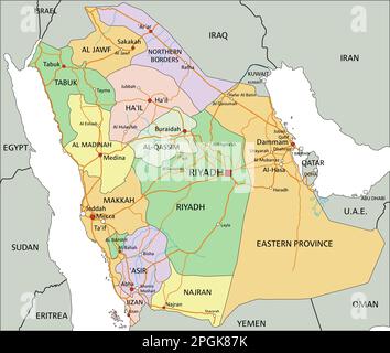 Arabia Saudita - Mappa politica modificabile molto dettagliata con etichettatura. Illustrazione Vettoriale