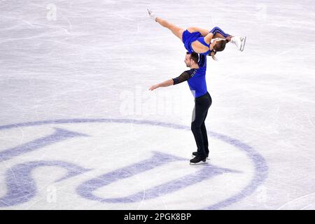 SAITAMA, GIAPPONE - 23 MARZO: Alisa Efimova e Ruben Blommaert di Germania competono nel programma Pairs Short durante i Campionati mondiali di pattinaggio a figure 2023 dell'ISU alla Saitama Super Arena il 23 marzo 2023 a Saitama, Giappone (Foto di Pablo Morano/BSR Agency) Foto Stock