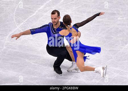 SAITAMA, GIAPPONE - 23 MARZO: Alisa Efimova e Ruben Blommaert di Germania competono nel programma Pairs Short durante i Campionati mondiali di pattinaggio a figure 2023 dell'ISU alla Saitama Super Arena il 23 marzo 2023 a Saitama, Giappone (Foto di Pablo Morano/BSR Agency) Foto Stock