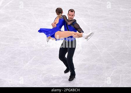 SAITAMA, GIAPPONE - 23 MARZO: Alisa Efimova e Ruben Blommaert di Germania competono nel programma Pairs Short durante i Campionati mondiali di pattinaggio a figure 2023 dell'ISU alla Saitama Super Arena il 23 marzo 2023 a Saitama, Giappone (Foto di Pablo Morano/BSR Agency) Foto Stock