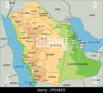 Mappa fisica dell'Arabia Saudita dettagliata con etichettatura. Illustrazione Vettoriale